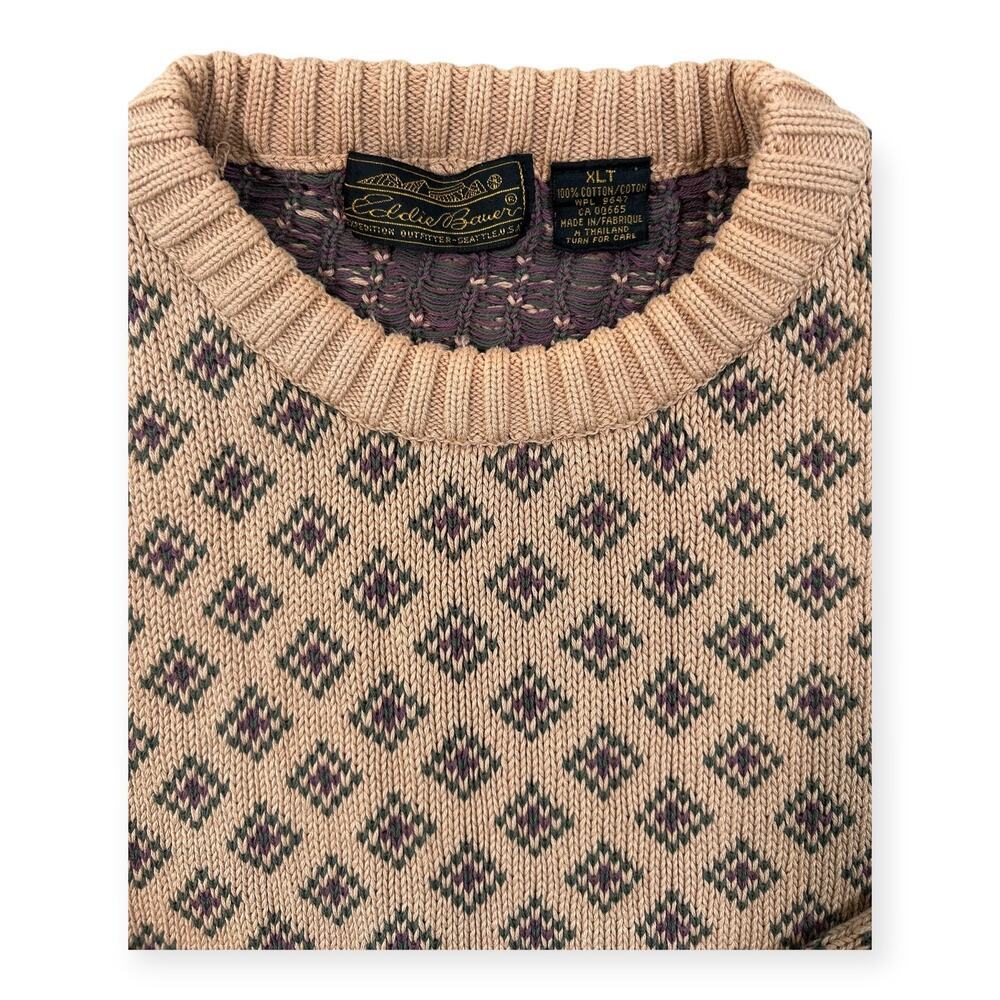 Vintage 90s Preppy Eddie Bauer Camel Diamond Patterned Sweater Men's XLT Grandpa - Picture 5 of 8